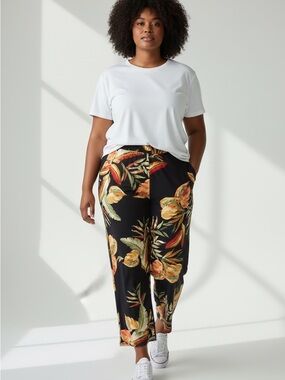 Black Wide-Leg Tropical Print Pants with Yellow & Green Floral Accent, Stretch